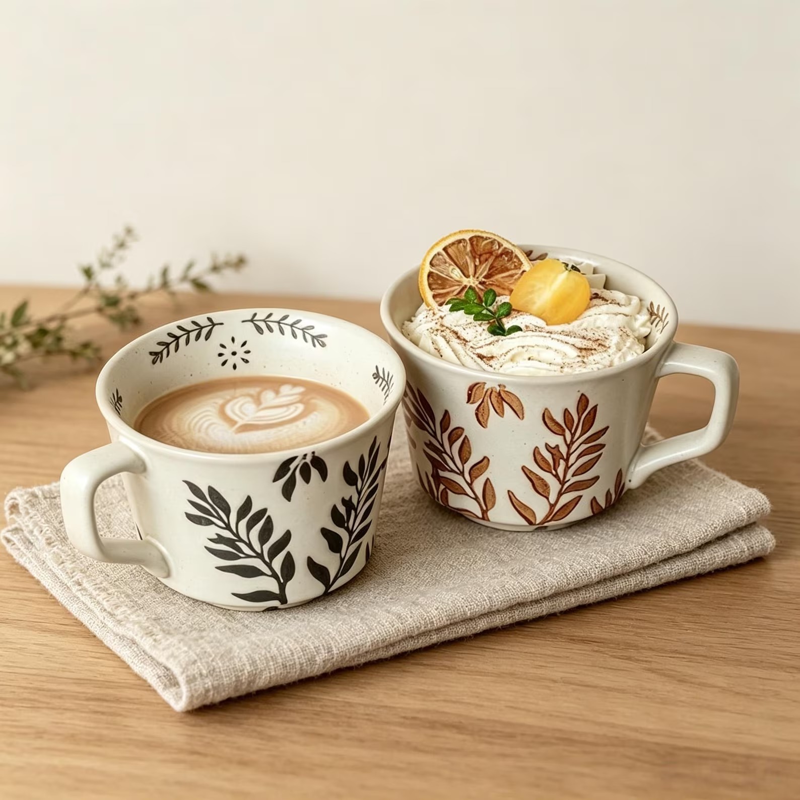 Two cream studio mugs decorated with painted botanical leaves on a linen napkin